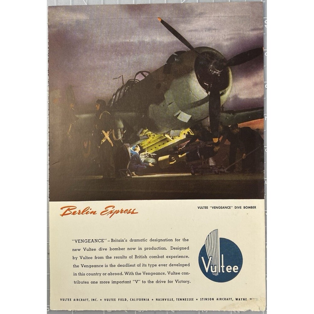 Vultee "Vengeance" Dive Bomber "Berlin Express in Production" WWII Print Ad 1941